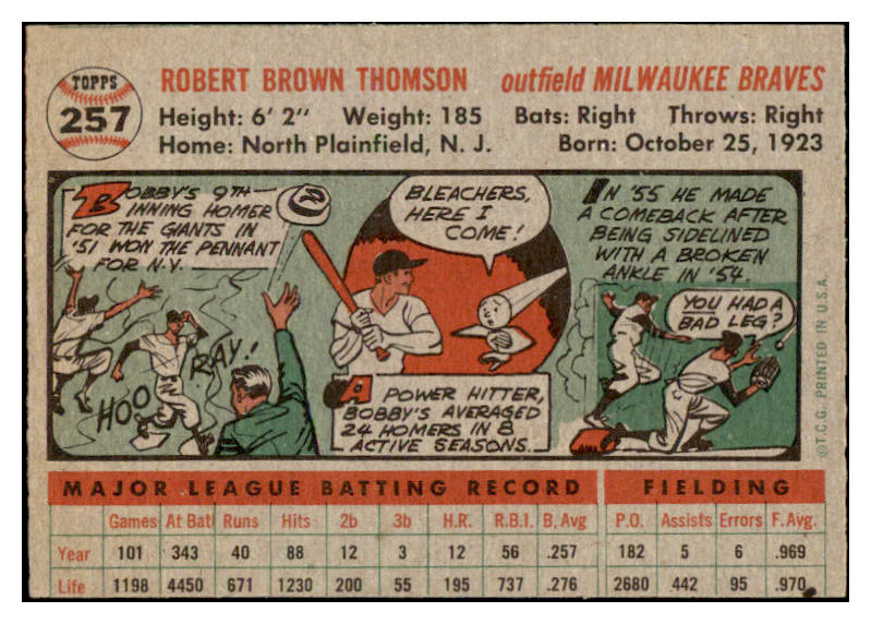 1956 Topps Baseball #257 Bobby Thomson Braves VG-EX 531323