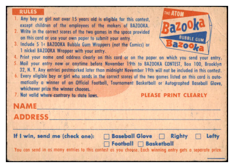 1956 Topps Football Contest Card B VG-EX Unmarked 531327
