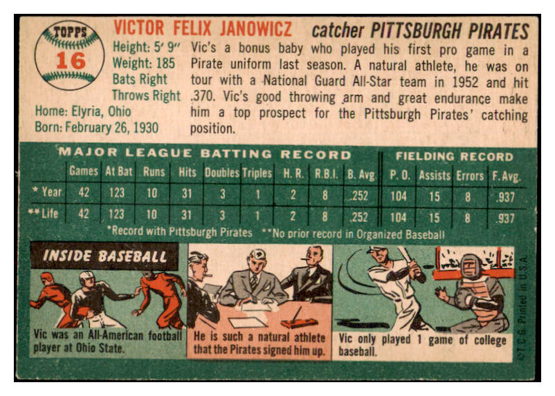 1954 Topps Baseball #016 Vic Janowicz Pirates EX-MT 531344