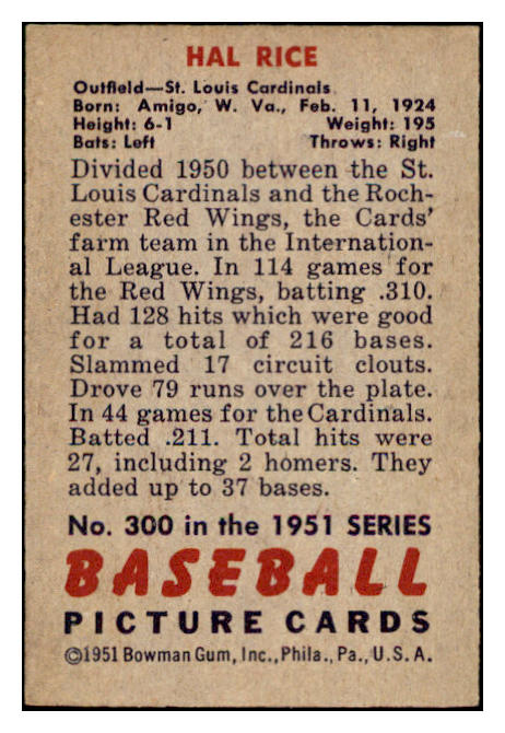 1951 Bowman Baseball #300 Hal Rice Cardinals EX-MT 531361