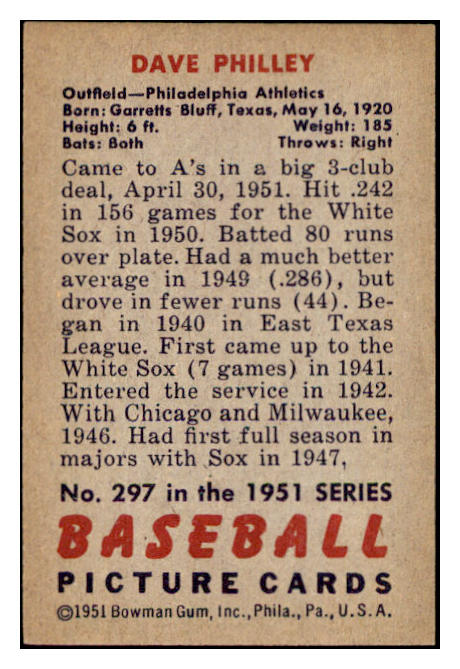 1951 Bowman Baseball #297 Dave Philley A's EX-MT 531362