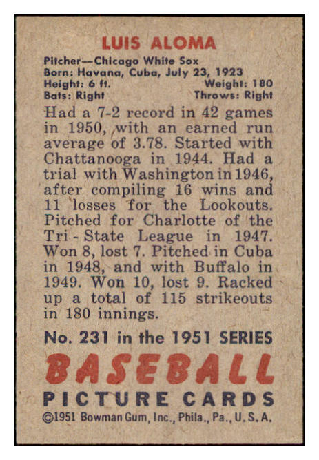 1951 Bowman Baseball #231 Luis Aloma White Sox EX-MT 531395