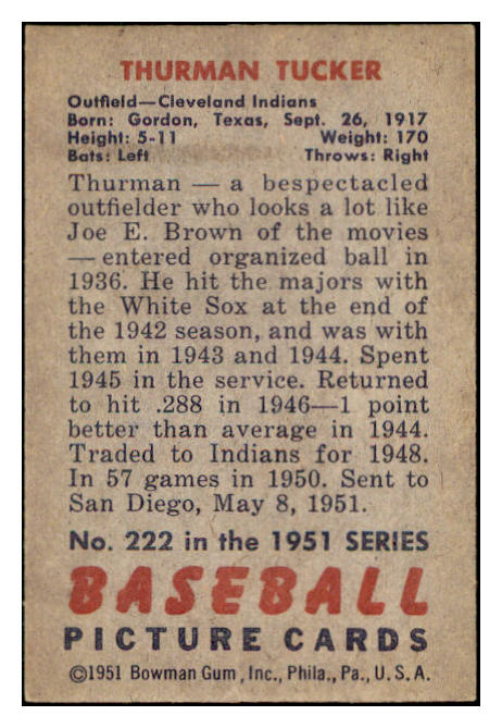 1951 Bowman Baseball #222 Thurman Tucker Indians EX-MT 531398