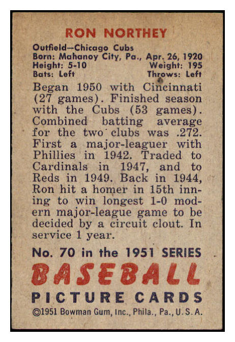 1951 Bowman Baseball #070 Ron Northey Cubs EX-MT 531412