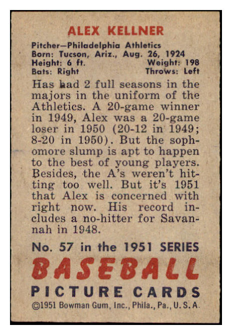 1951 Bowman Baseball #057 Alex Kellner A's EX-MT 531414
