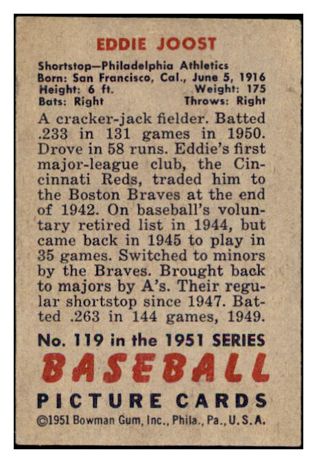1951 Bowman Baseball #119 Eddie Joost A's EX-MT 531457