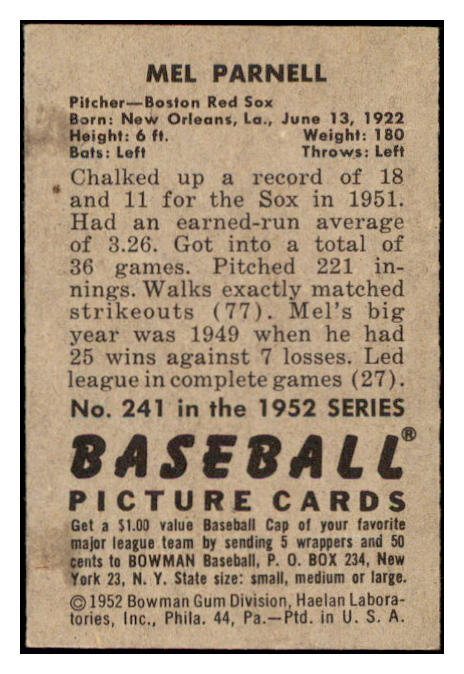 1952 Bowman Baseball #241 Mel Parnell Red Sox EX-MT 531499