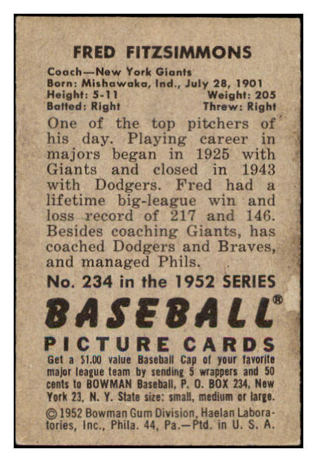 1952 Bowman Baseball #234 Fred Fitzsimmons Giants EX-MT 531504