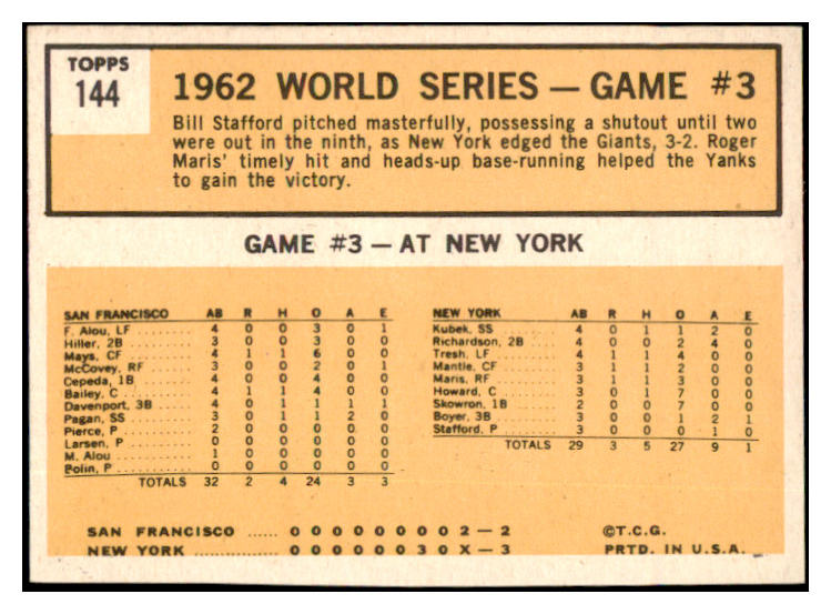 1963 Topps Baseball #144 World Series Game 3 Roger Maris NR-MT 531620