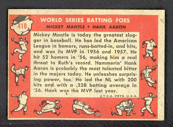 1958 Topps Baseball #418 Mickey Mantle Hank Aaron EX+/EX-MT 531805