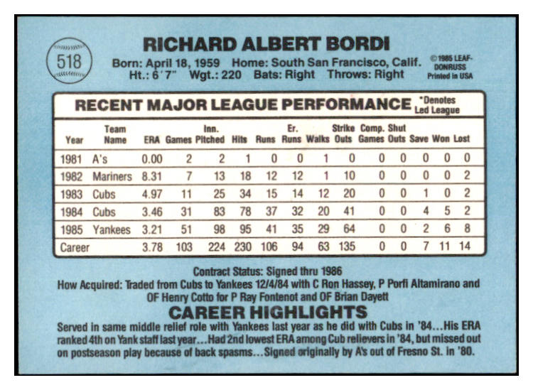 1986 Donruss #518 Rich Bordi Yankees Signed Autographed 531873