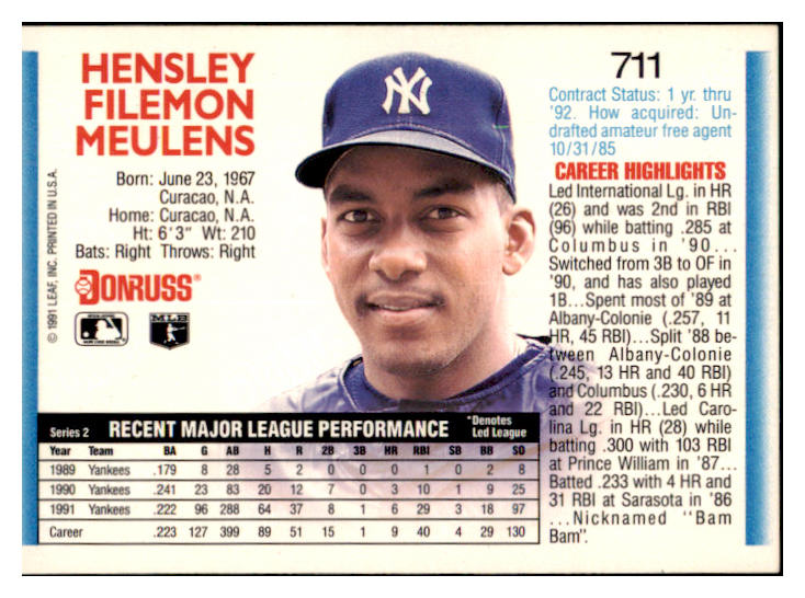 1992 Donruss #711 Hensley Muelens Yankees Signed Autographed 531902