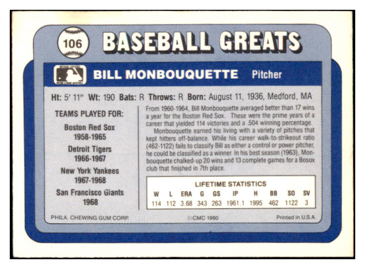 1990 Swell #106 Bill Monbouquette Yankees Signed Autographed 531904