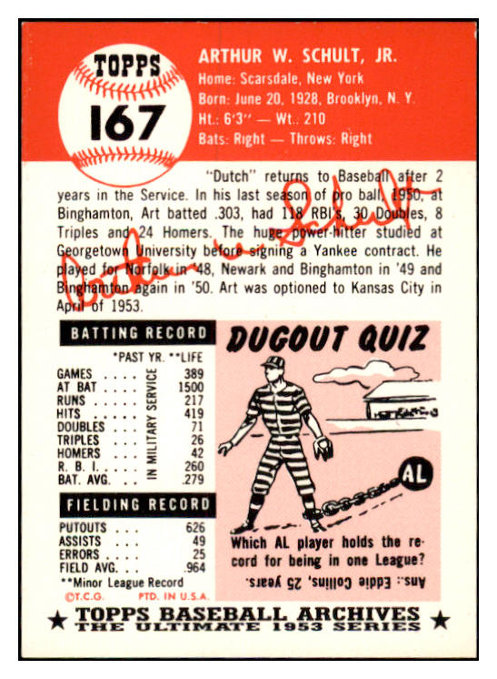 1953 Topps Archives #167 Art Schult Yankees Signed Autographed 531911