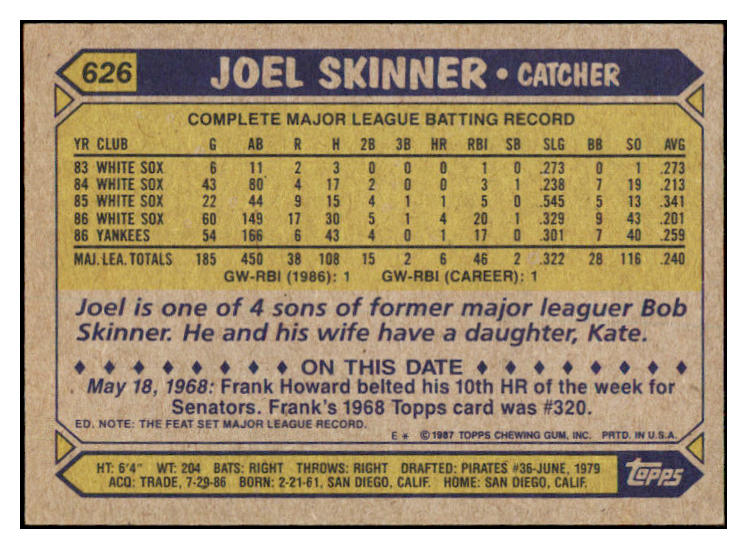 1987 Topps #626 Joel Skinner Yankees Signed Autographed 531913