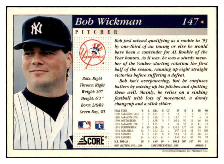 1994 Score #147 Bob Wickman Yankees Signed Autographed 531921