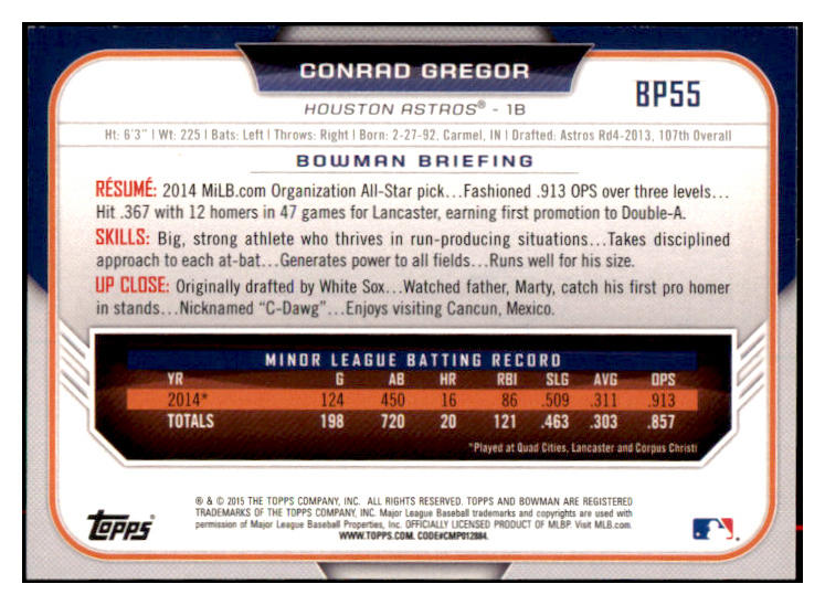 2015 Bowman Draft #BP55 Conrad Gregor Astros Signed Autographed 531951