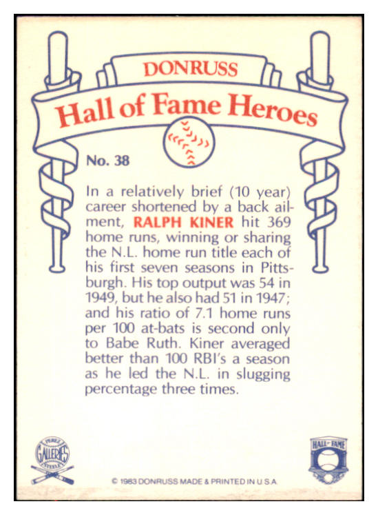 1983 Donruss Heroes #038 Ralph Kiner Pirates Signed Autographed 531965