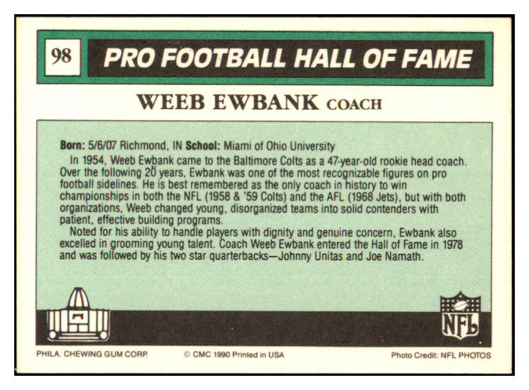 1990 Swell #098 Weeb Ewbank Jets Signed Autographed 532040