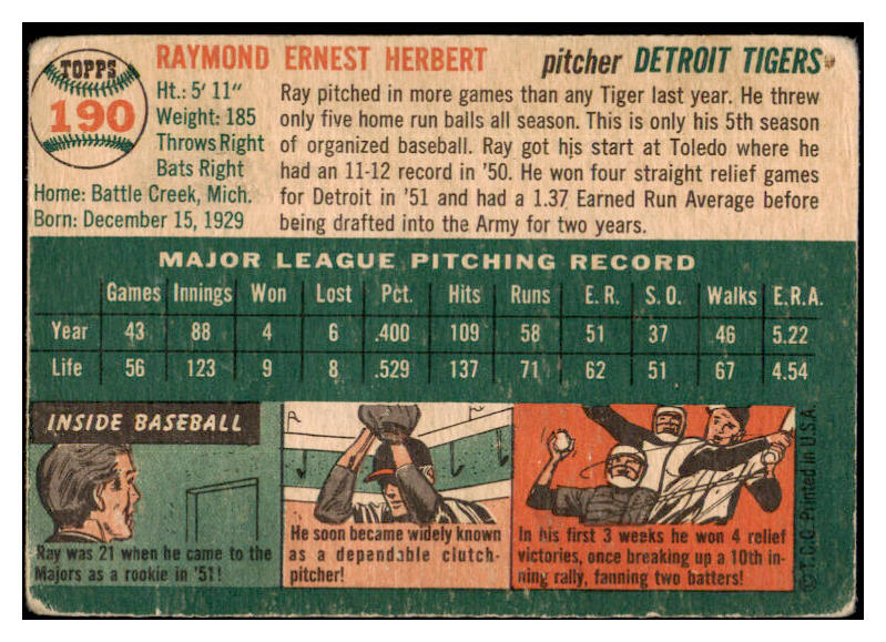 1954 Topps #190 Ray Herbert Tigers Signed Autographed 532082