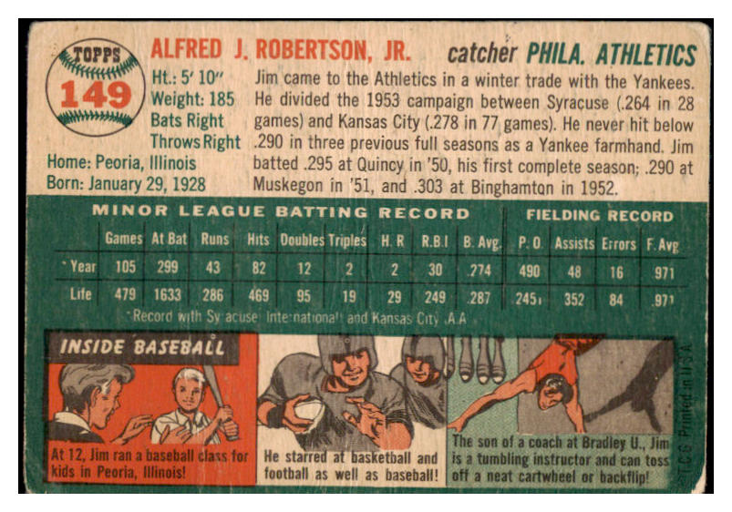 1954 Topps #149 Jim Robertson A's Signed Autographed 532093
