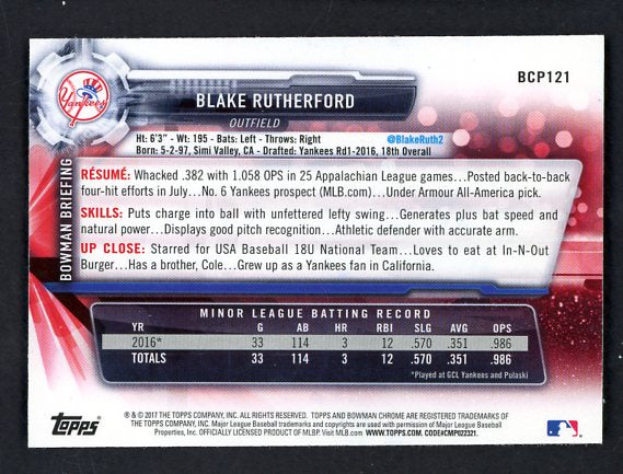 2017 Bowman Chrome #BCP121 Blake Rutherford Yankees Signed Autographed 532116