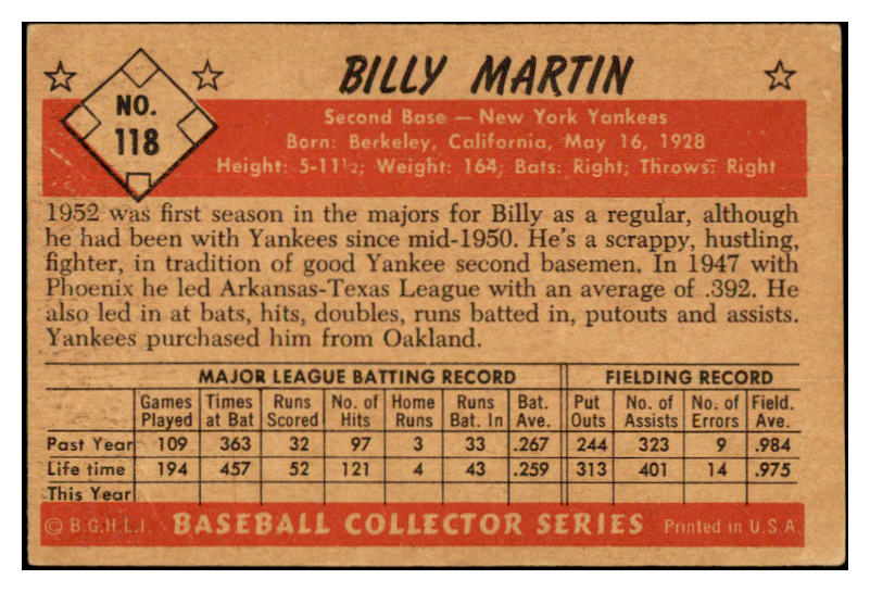 1953 Bowman Color Baseball #118 Billy Martin Yankees VG-EX 532261