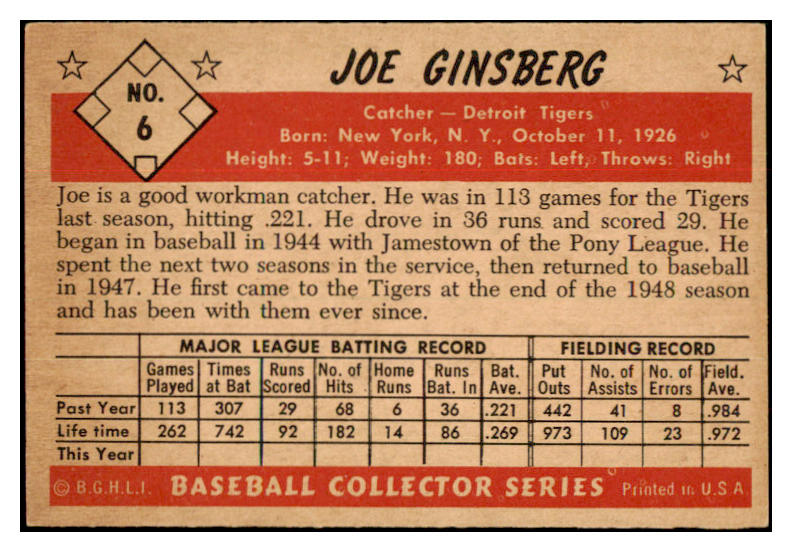 1953 Bowman Color Baseball #006 Joe Ginsberg Tigers EX-MT 532265