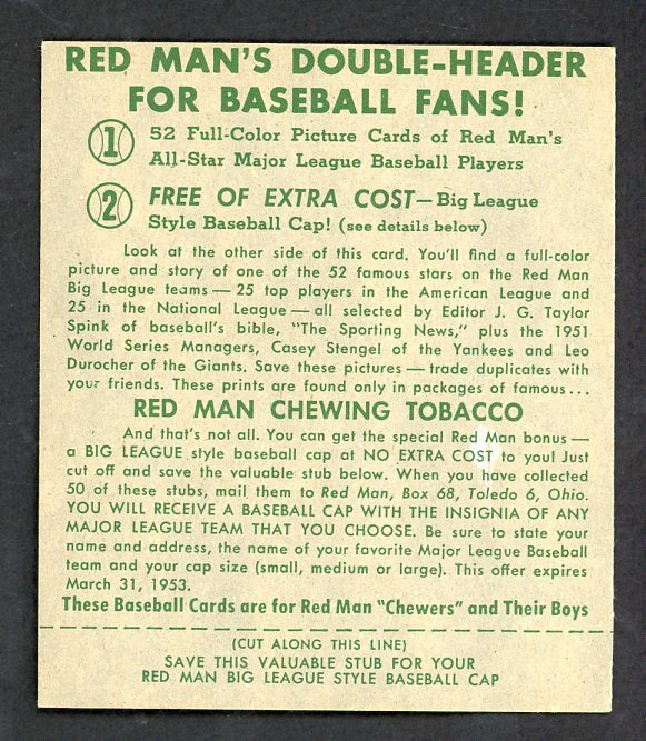 1952 Red Man #019NL Red Schoendienst Cardinals EX-MT w Tab 532334
