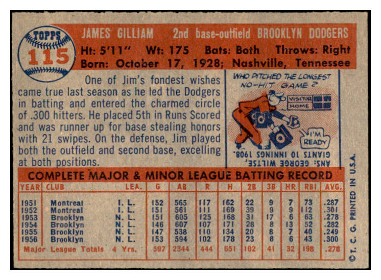 1957 Topps Baseball #115 Jim Gilliam Dodgers EX+/EX-MT 532489