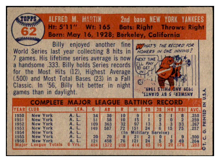 1957 Topps Baseball #062 Billy Martin Yankees VG-EX 532503