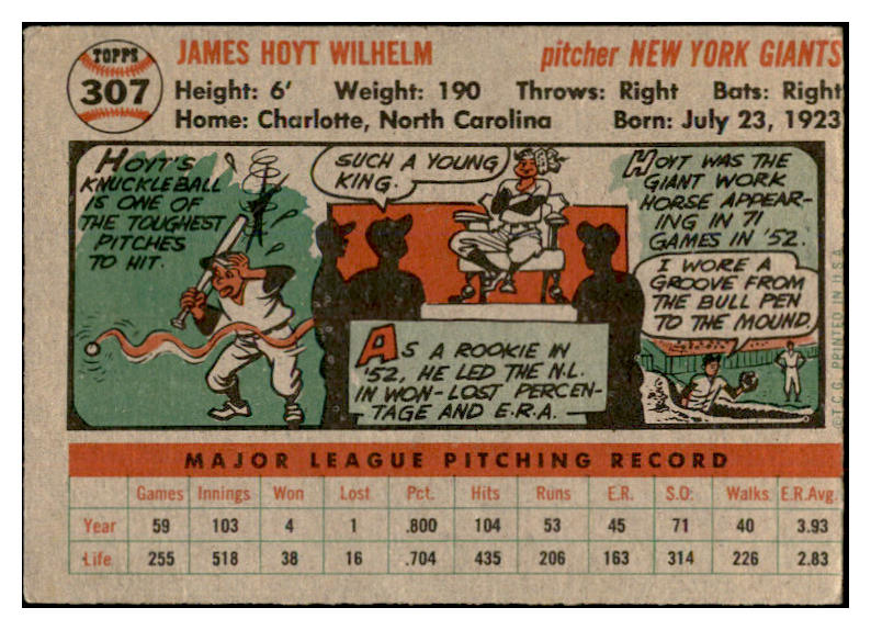 1956 Topps Baseball #307 Hoyt Wilhelm Giants VG 532542