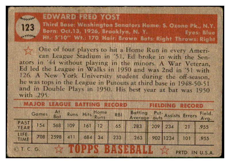1952 Topps Baseball #123 Eddie Yost Senators Good 532601