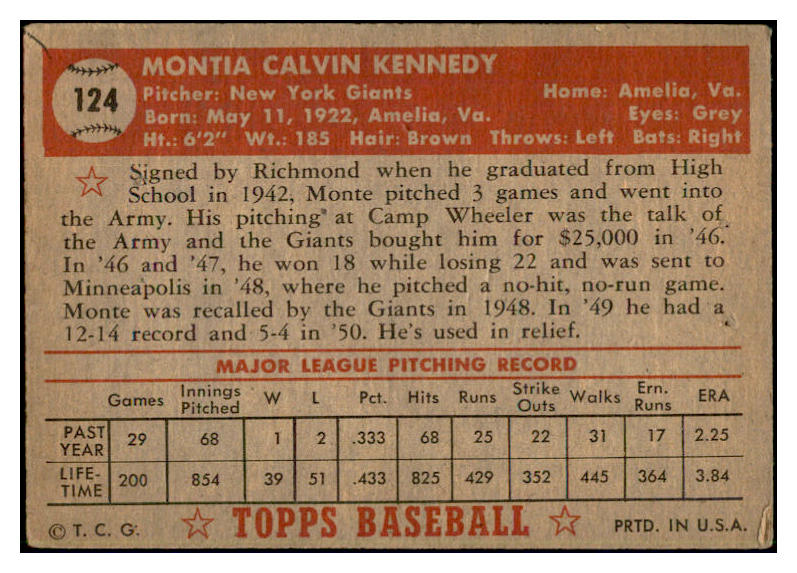 1952 Topps Baseball #124 Monte Kennedy Giants Good 532607