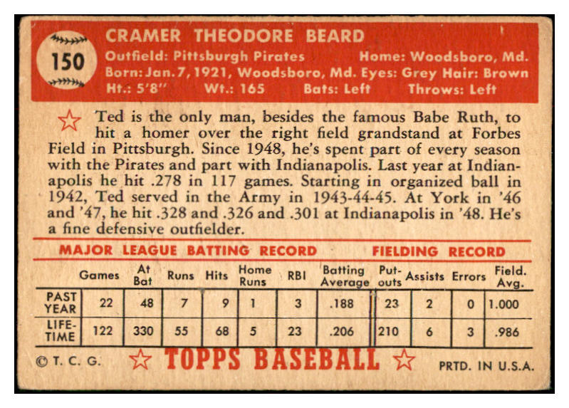 1952 Topps Baseball #150 Ted Beard Pirates VG-EX 532696