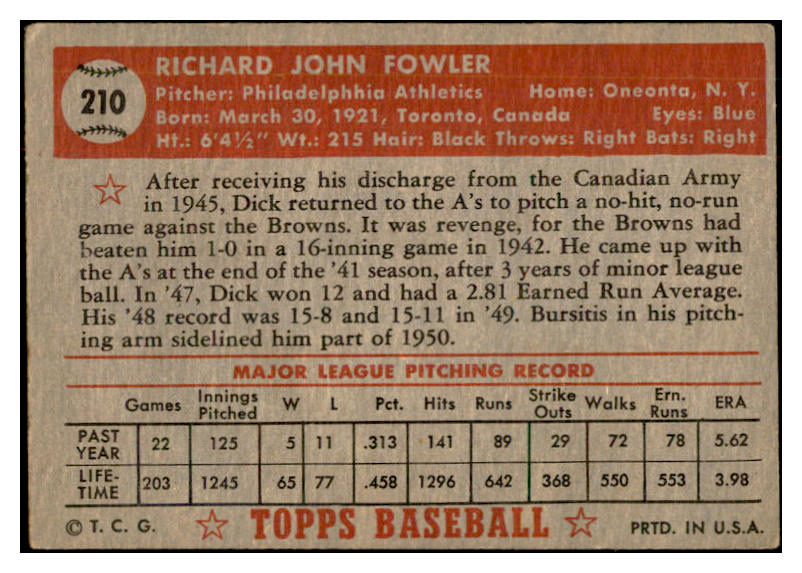 1952 Topps Baseball #210 Dick Fowler A's VG-EX 532708