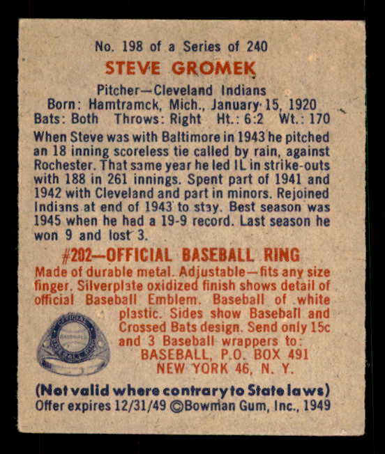 1949 Bowman Baseball #198 Steve Gromek Indians NR-MT 533052