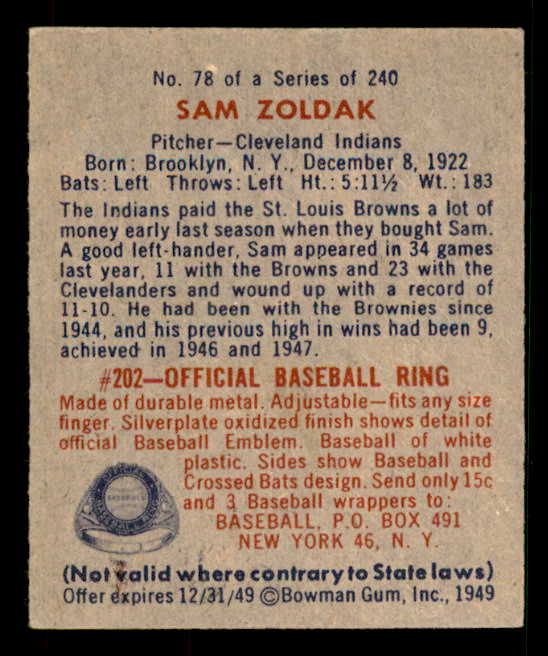 1949 Bowman Baseball #078 Sam Zoldak Indians EX-MT/NR-MT Name Front 533053