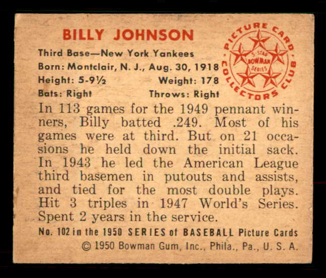 1950 Bowman Baseball #102 Billy Johnson Yankees EX 533063
