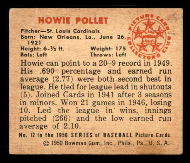 1950 Bowman Baseball #072 Howie Pollet Cardinals VG-EX 533068