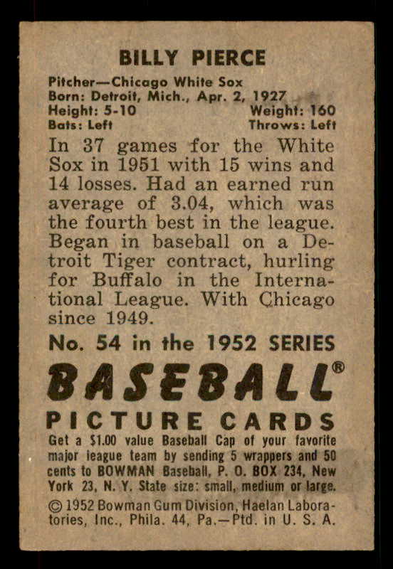 1952 Bowman Baseball #054 Billy Pierce White Sox EX-MT 533079