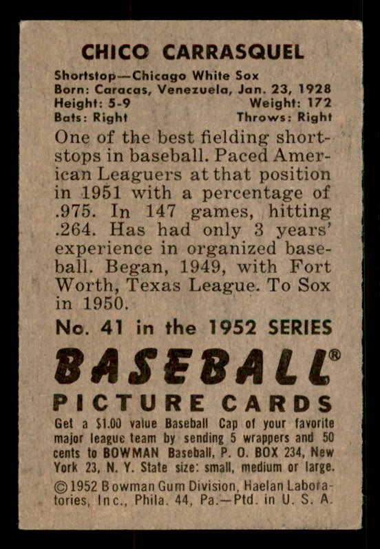 1952 Bowman Baseball #041 Chico Carrasquel White Sox EX 533081