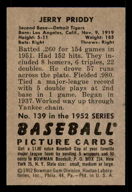 1952 Bowman Baseball #139 Jerry Priddy Tigers EX-MT 533082