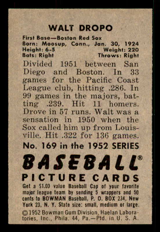 1952 Bowman Baseball #169 Walt Dropo Red Sox EX-MT 533089