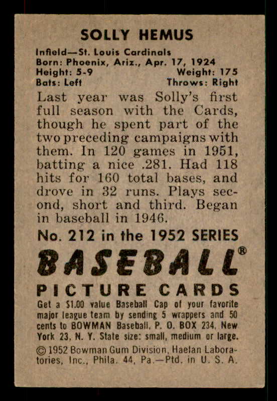 1952 Bowman Baseball #212 Solly Hemus Cardinals EX-MT 533099
