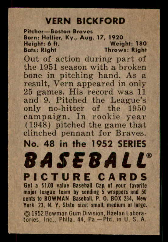 1952 Bowman Baseball #048 Vern Bickford Braves EX-MT 533106