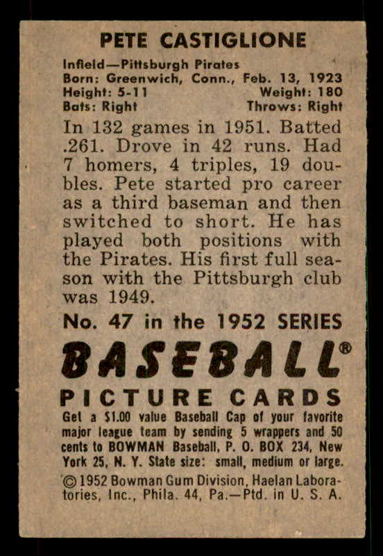 1952 Bowman Baseball #047 Pete Castiglione Pirates EX-MT 533107
