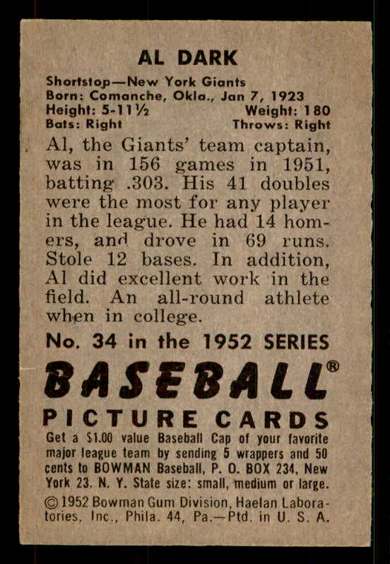 1952 Bowman Baseball #034 Al Dark Giants EX-MT 533109