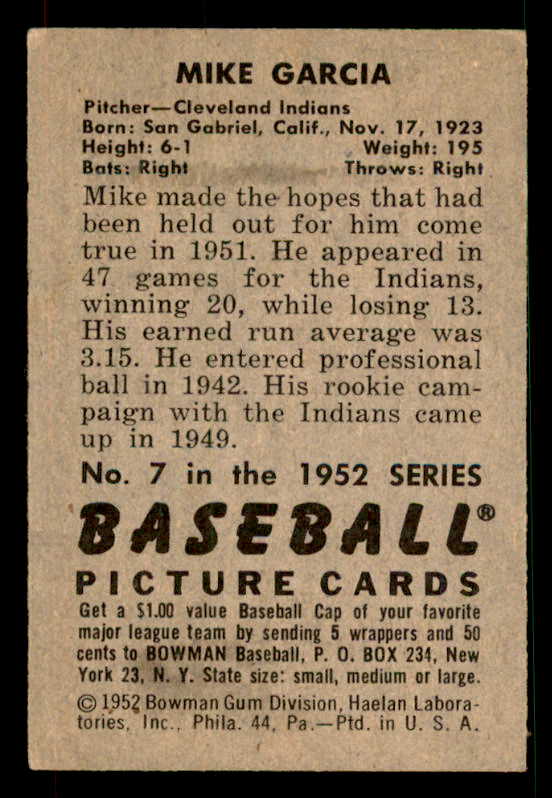 1952 Bowman Baseball #007 Mike Garcia Indians EX-MT 533111