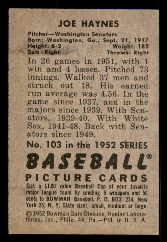 1952 Bowman Baseball #103 Joe Haynes Senators EX-MT 533114